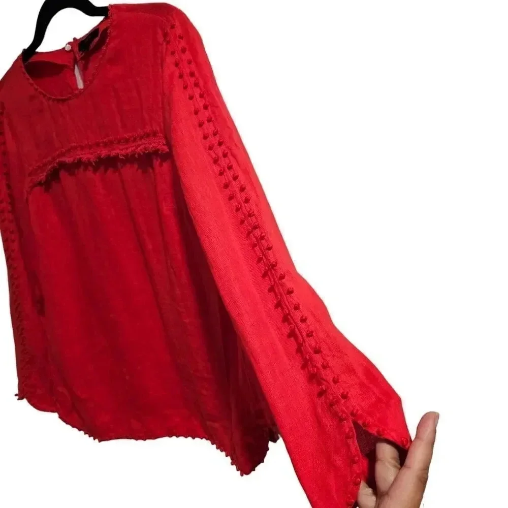 J.Crew Red 100% Linen Embroidery French Knot‎ Fridge Blouse Size 4